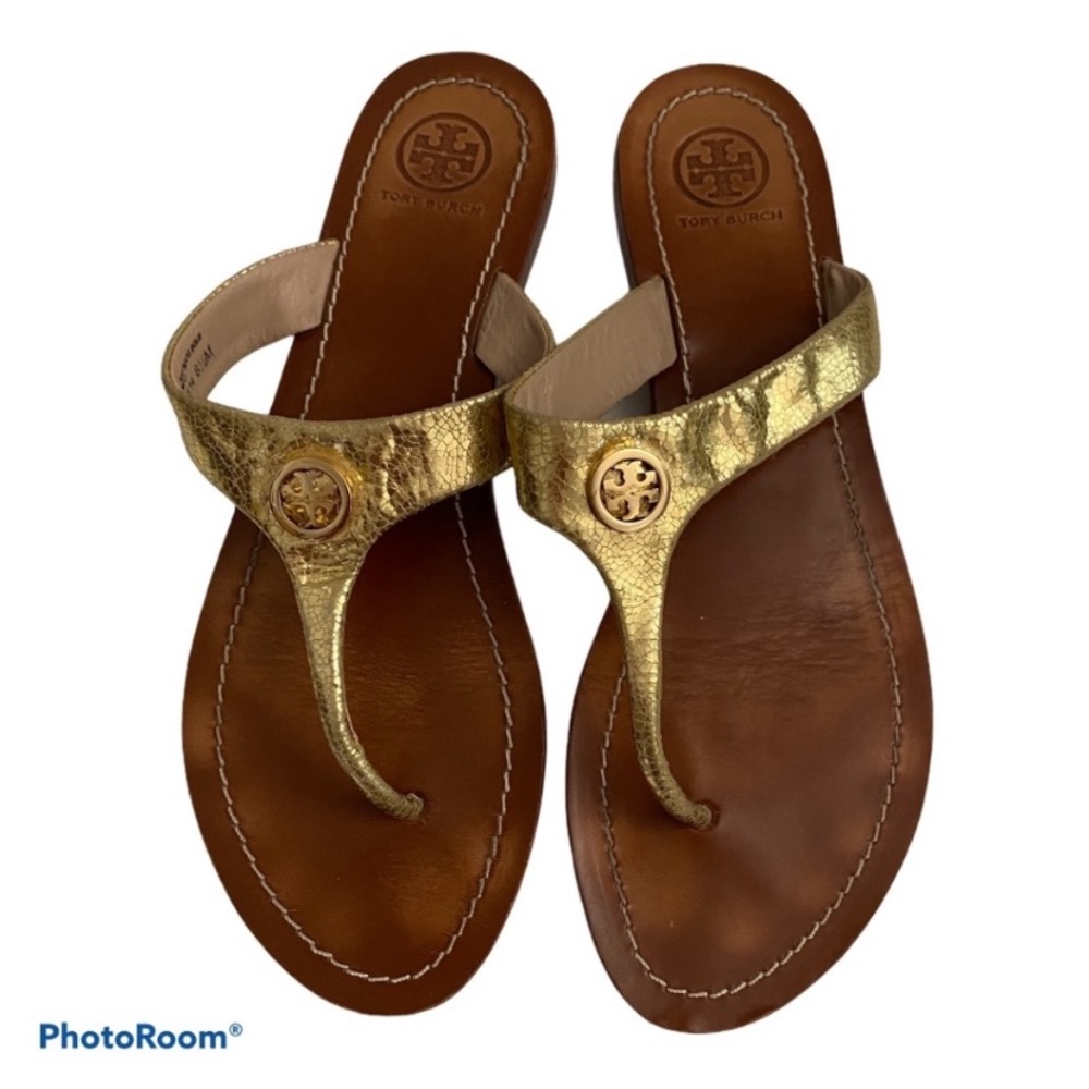 Tory Burch Brown Gold Flip Flops Sandals  Size 8.5